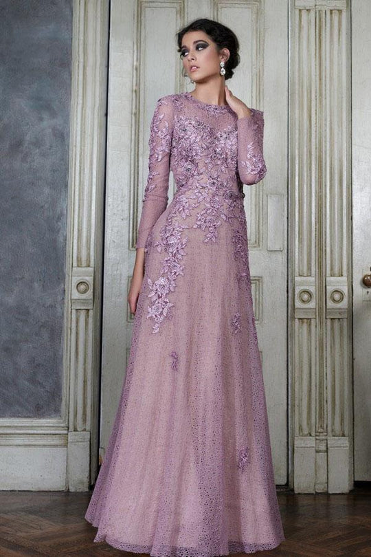 Janique - Long-Sleeved Illusion Evening Gown with Lace Appliques W1695 in Purple