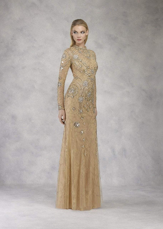 Janique - Crystal Embellished Caped Evening Gown W17010 In Gold