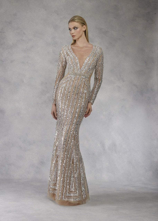 Janique - 17015 Bejewel Striped Long Sleeve Sheath Gown In Silver