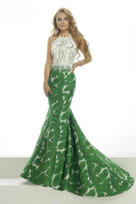 Janique W1717 - Embellished Lace Printed Mermaid Evening Gown  In Green and  White