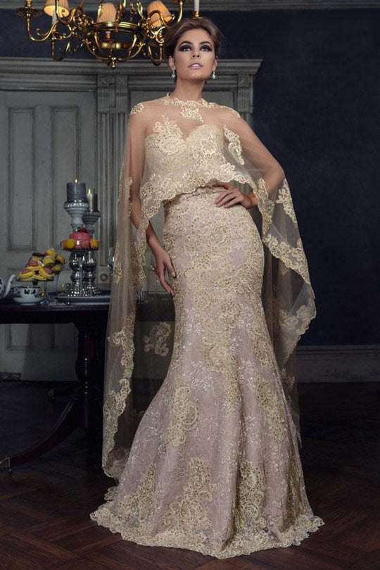 janique W1718 - Embroidered Sweetheart Lace Evening Gown with Sheer High-Low Shawl W1718  in Neutral