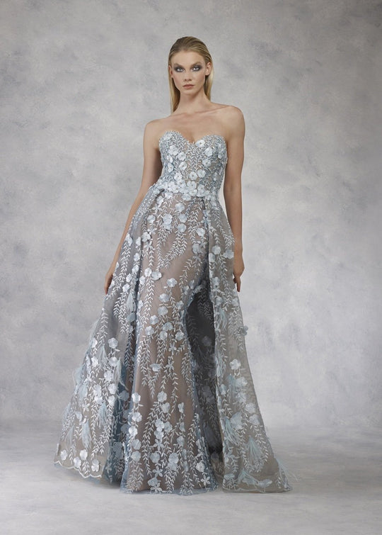 Janique - W2062 Floral Embroidered Sweetheart Gown with Overskirt In Blue and Neutral