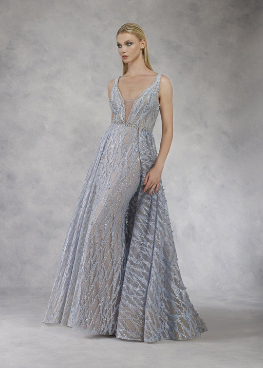 Janique - W2063 Embellished Plunging V-neck Gown with Overskirt In Blue