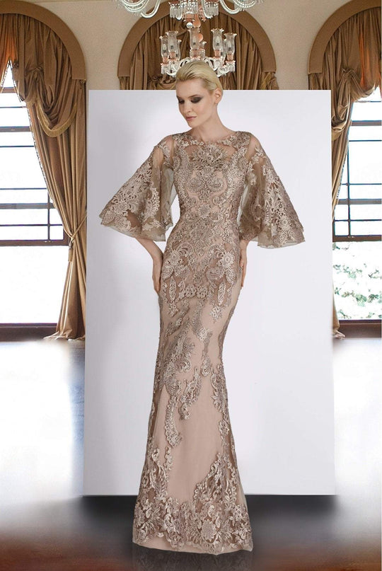 Janique - W2073 Lace Embroidered Bell Sleeve Bateau Trumpet Dress in Neutral
