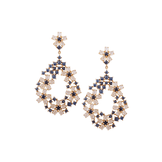 Tresor Collection - Rainbow Moonstone & Blue Sapphire Earrings in 18K Yellow Gold