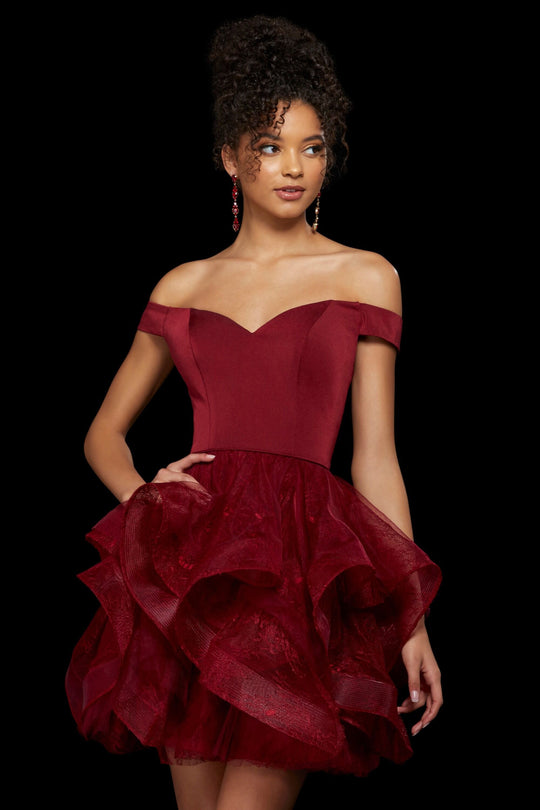 Sherri Hill - 53180 Short Off Shoulder Tiered Skirt Dress In Red