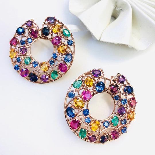 Tresor Collection - Emerald, Ruby & Sapphire By Pass Hoop Earring in 18k Yellow Gold Multi-Color