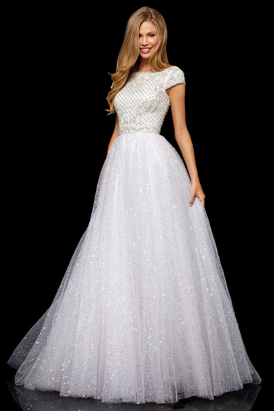 Sherri Hill - 52276 Beaded Cap Sleeve Bateau Tulle Ballgown In White and Silver