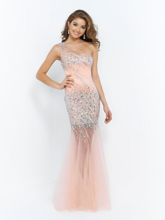 Blush - X233 Crystal Embellished One Shoulder Evening Dress In Pink