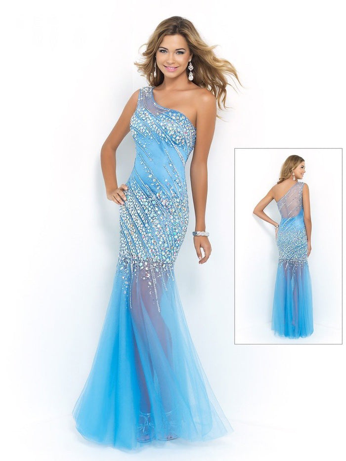 Blush - X233 Crystal Embellished One Shoulder Evening Dress In Blue