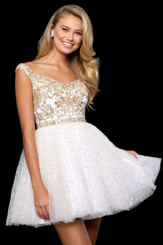 Sherri Hill - 53229 Beaded A-Line Short Dress In White and Gold