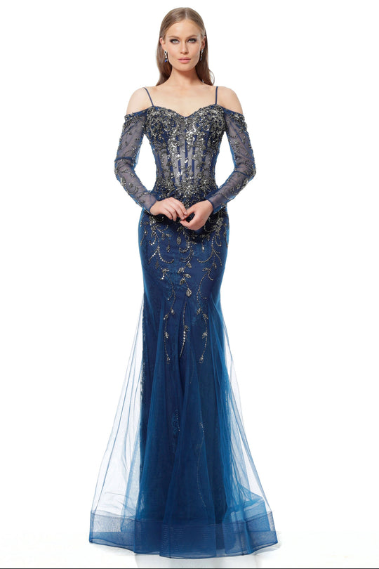 Jovani - 1201 Embellished V-neck Long Sleeve Trumpet Dress In Blue and Gray