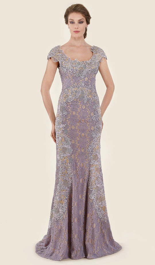 Rina Di Montella - RD2628 Lace Cap Sleeve Scoop Trumpet Dress in Purple and Neutral