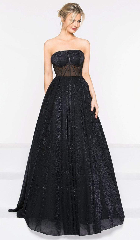 Colors Dress - 2027 Strapless Boning Pleated A-Line Evening Gown in Black