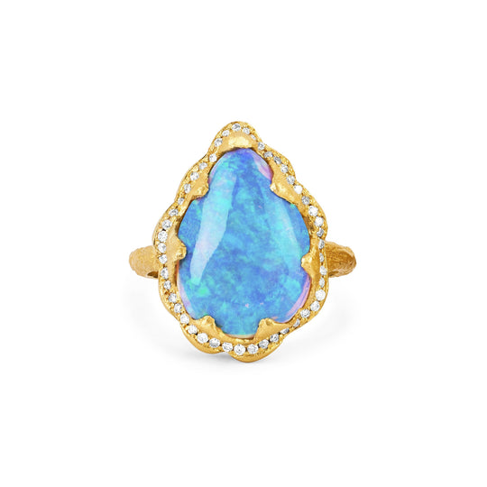 NEW! Premium Queen Water Drop Blue Opal Ring with Full Pavé Halo