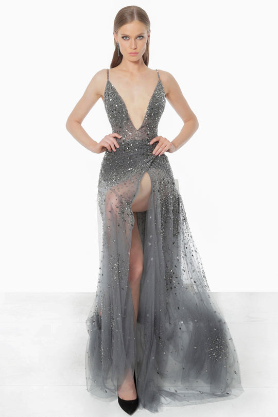 Jovani - 65259 Beaded Plunging V Neck Sheer Evening Dress In Gray