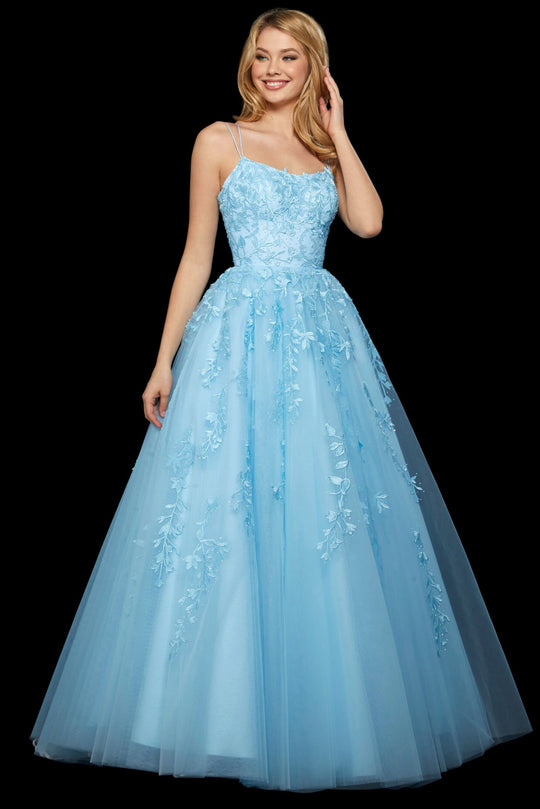 Sherri Hill - 53116 Floral Lace Appliqued Lace-up Back Ballgown In Blue