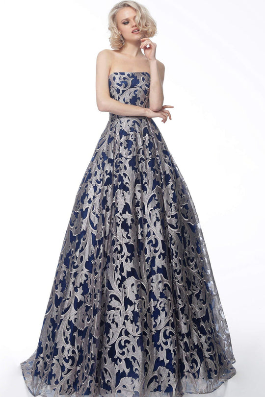 Jovani - JVN62760 Straight Across Embroidered A-line Long Dress In Pink and Blue