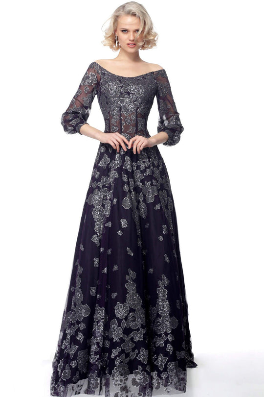 Jovani - 66355 Embellished Bateau A-line Dress In Purple and Silver