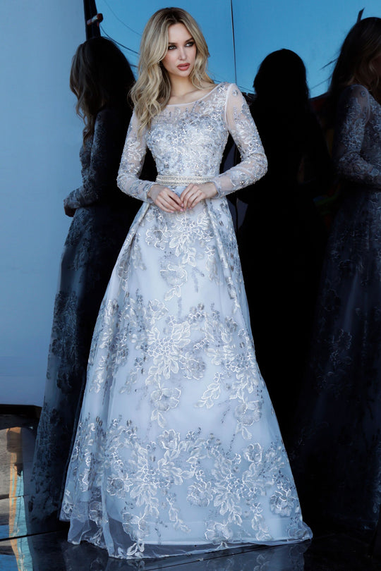 Jovani - 66875 Long Sleeve Floral Embroidered A-line Dress In Silver