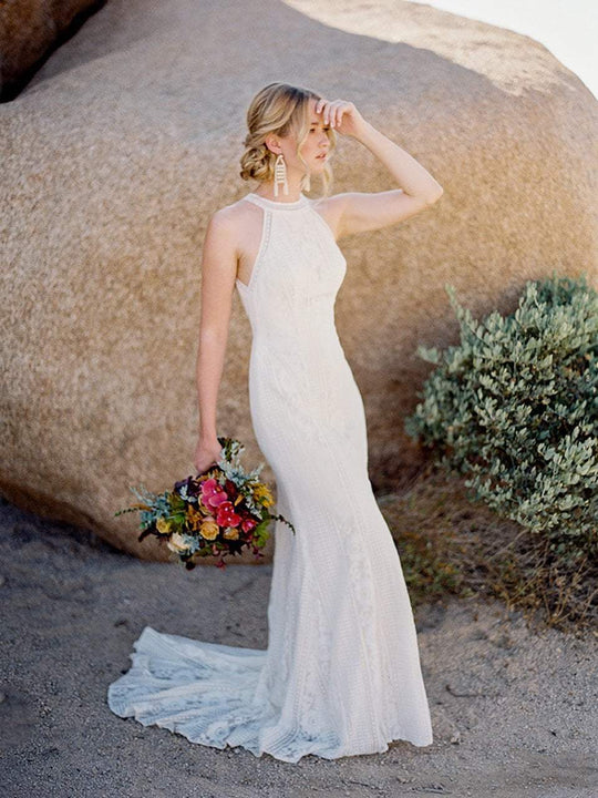 Wilderly Bride by Allure Bridals - F114 Lace Halter Sheath Bridal Dress In White