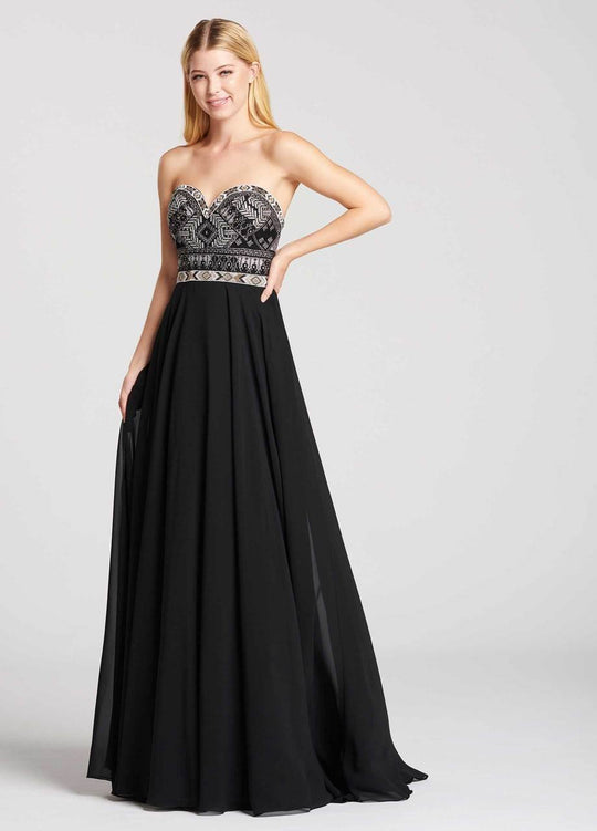 Ellie Wilde - EW118039 Strapless Embroidered Tribal Chiffon Gown In Black and Multi-Color