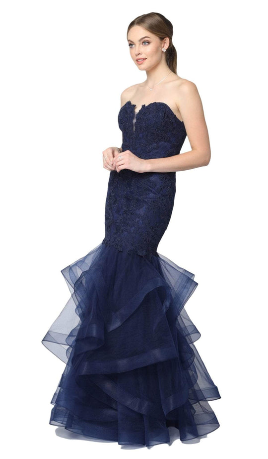 Nox Anabel - A054 Strapless Sweetheart Beaded Lace Tulle Mermaid Dress In Blue