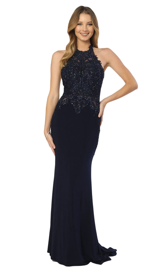 Nox Anabel - A175 Applique Halter Neck Trumpet Dress In Blue