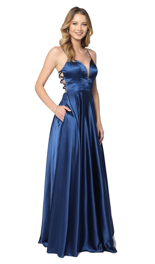 Nox Anabel - A180 Deep V-neck A-line Dress With Strappy Back In Blue