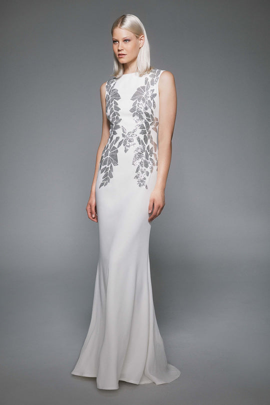Tadashi Shoji - Sunita Crepe & Sequin Gown - Petite In White and Silver
