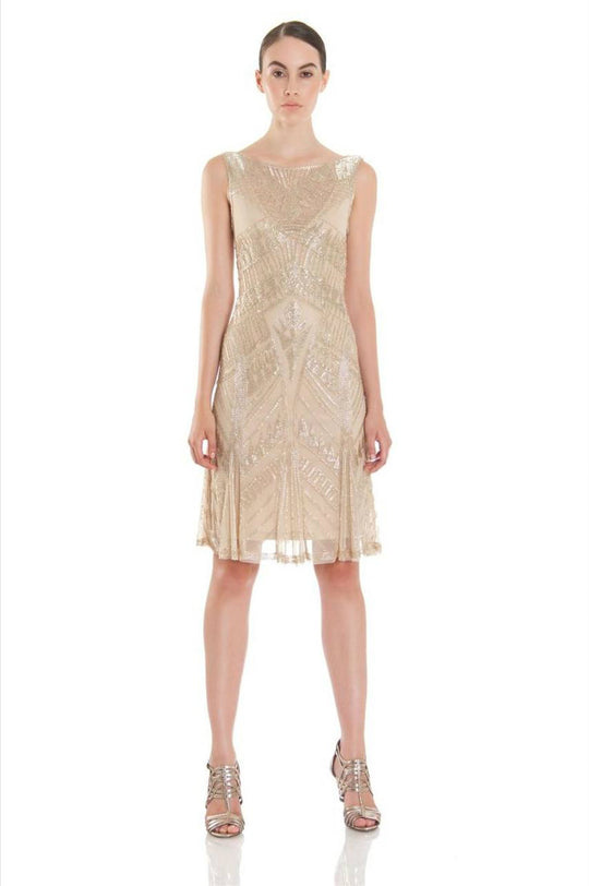 Theia - 881877 Sleeveless Beaded Pattern Mesh Cocktail Dress in Neutral