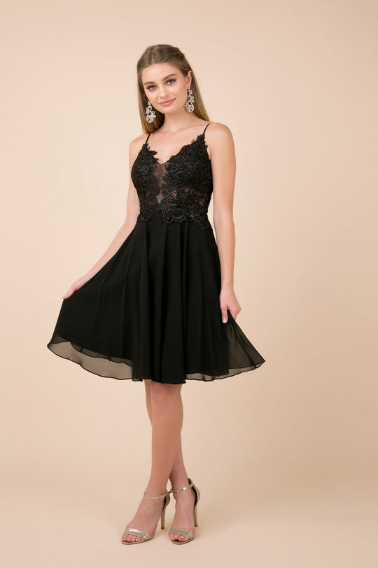 Nox Anabel - A660 Beaded Lace V-neck A-line Dress In Black