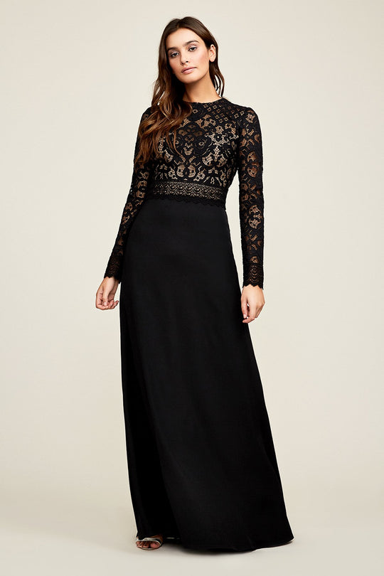 Tadashi Shoji - Jewel Long Sleeves A-Line Dress In Black and Neutral