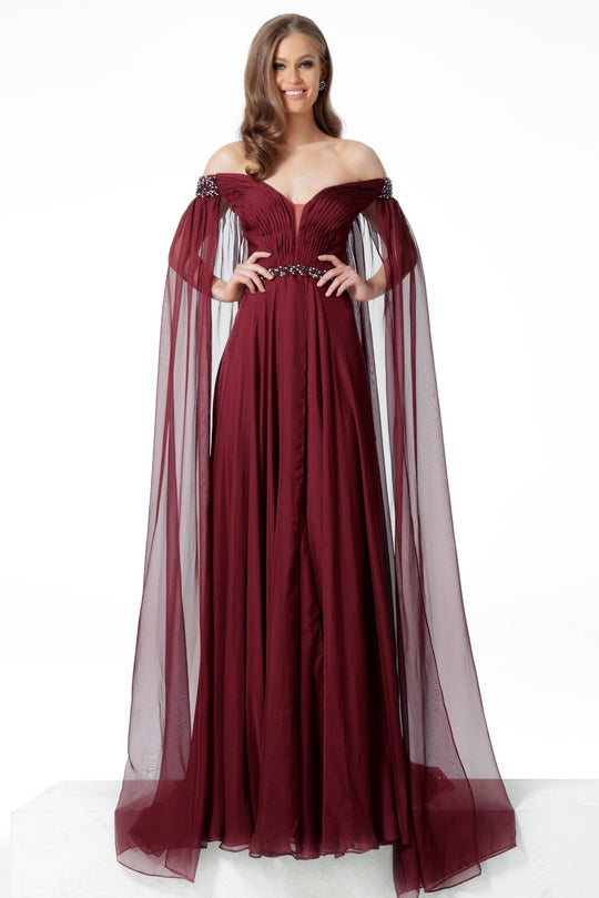 Jovani - 51504 Embellished Deep Off-Shoulder Chiffon A-line Dress In Red