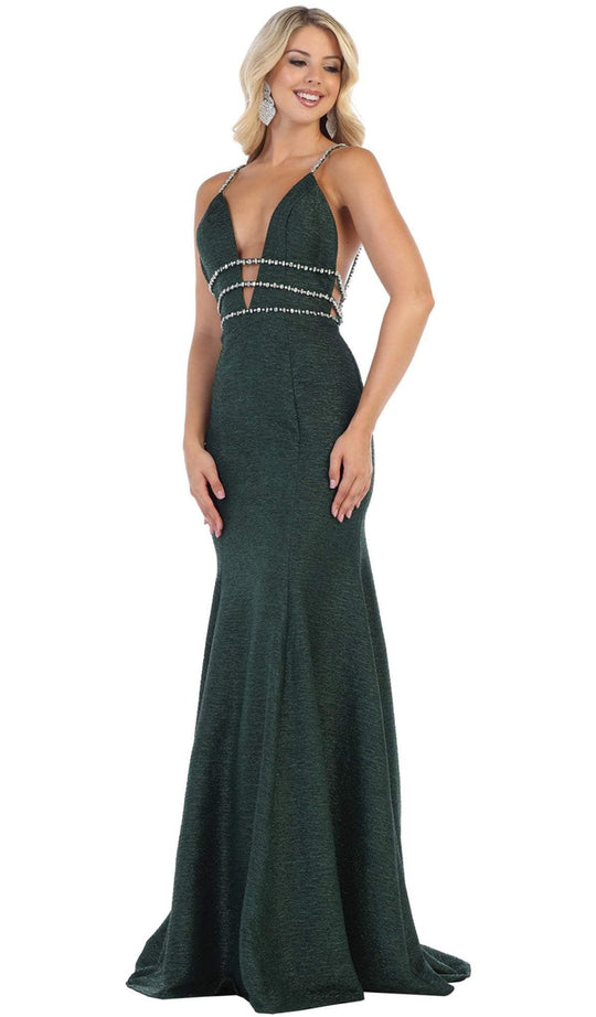 May Queen - RQ7638 Crystalline Tri-Band Plunging Trumpet Gown In Green