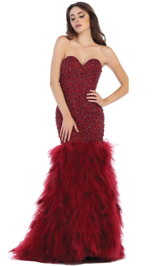 May Queen - RQ7668 Strapless Crystal Ornate Feathered Tulle Gown In Red