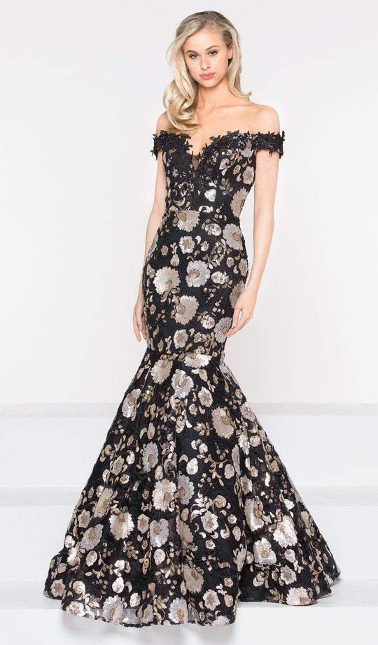 Marsoni by Colors - M236 Floral Appliqued Off-Shoulder Mermaid Gown in Black