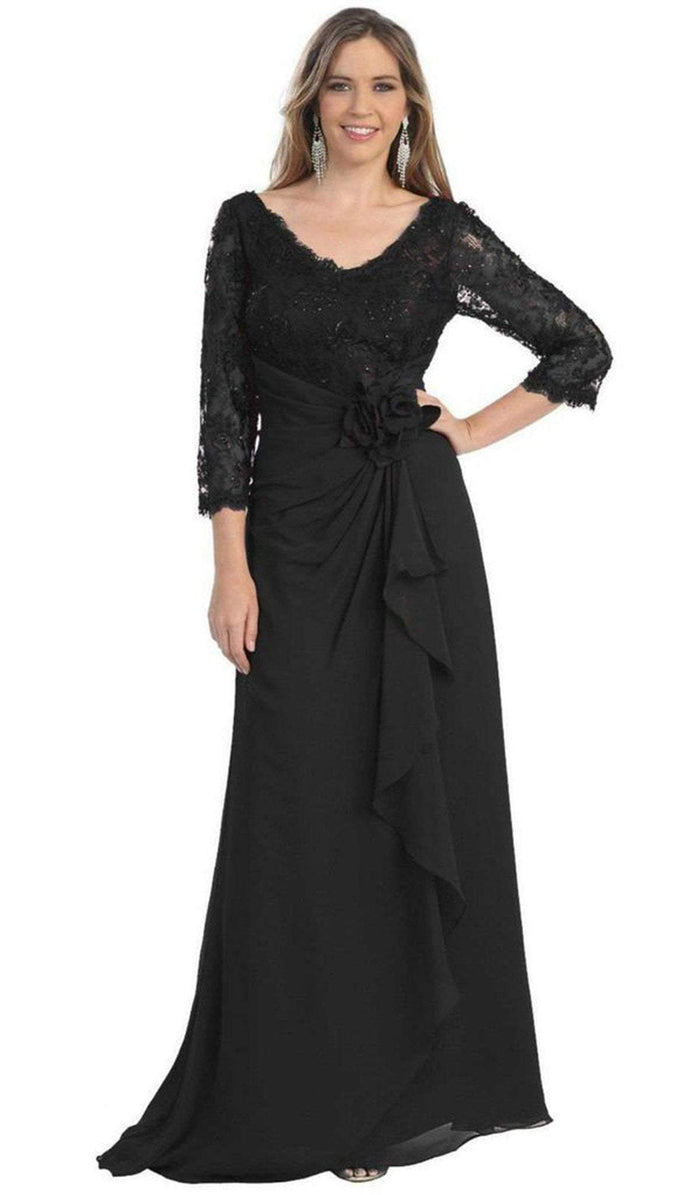 Sheer Long Sleeve Floral Accented A-Line Evening Dress
