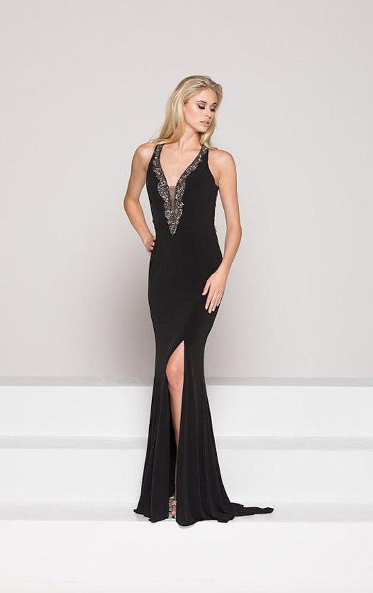 Colors Dress - 1902 Bejeweled Plunging V-Neck Jersey Gown In Black