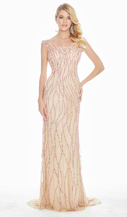 Ashley Lauren - 1429 Sequin Embellished Off-Shoulder Gown In Pink and Neutral