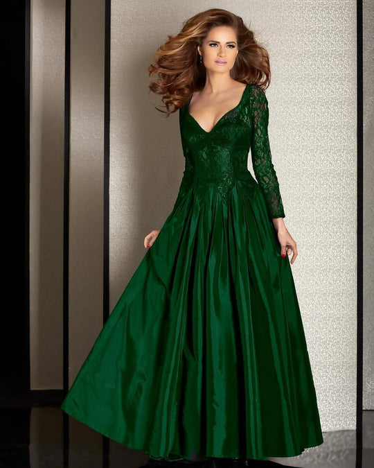 Clarisse - Lace Illusion Long Sleeves Evening Gown M6205 in Green