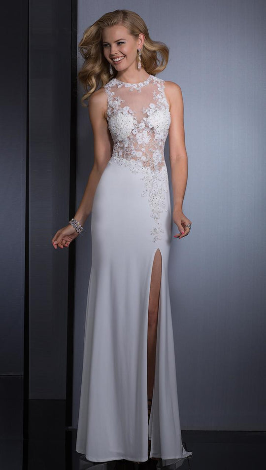 Clarisse - 2503 Embellished Illusion Jewel Sheath Dress in White