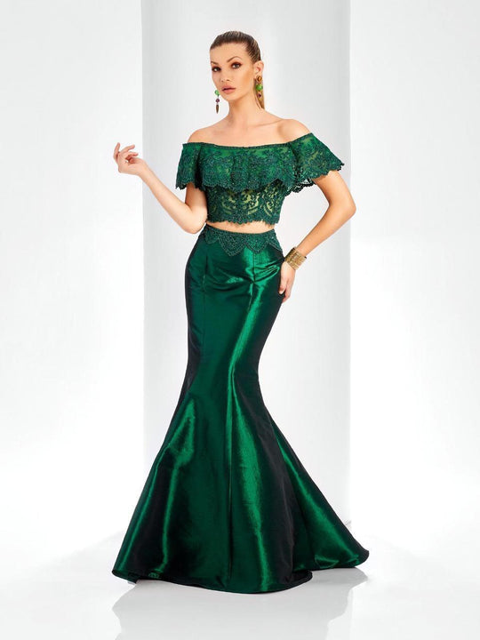 Clarisse - 4932 Scalloped Overlay Off-Shoulder Mermaid Gown in Green