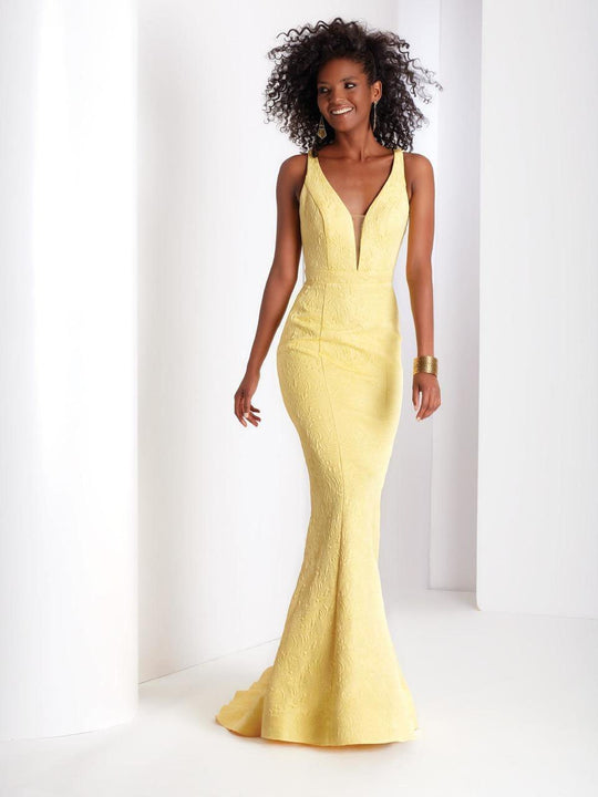 Clarisse - 3416 Plunging Brocade Mermaid Gown in Yellow