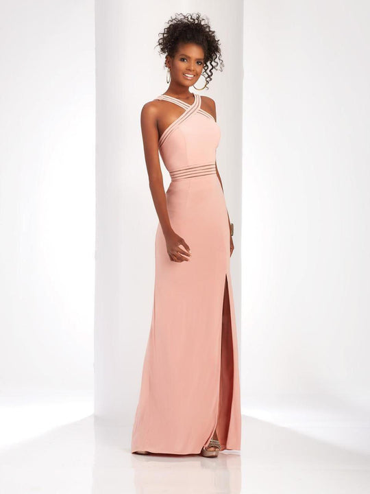 Clarisse - 3483 Sheer Striped Halter Strap Gown in Pink