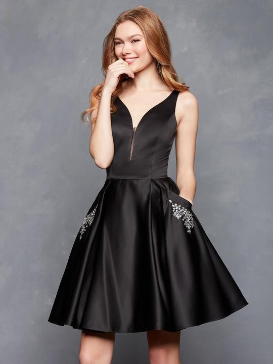 Clarisse - 3613 Illusion Plunging V Neckline Fit and Flare Short Dress