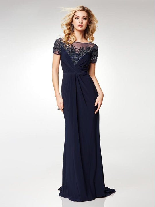 Clarisse - M6532 Illusion Neckline Gleaming Embellished Gown in Navy Blue