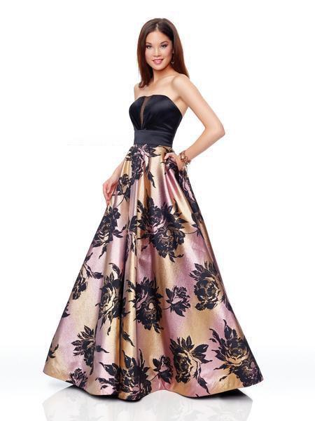 Clarisse - 3718 Strapless Floral Print A-Line Gown Black And Pink