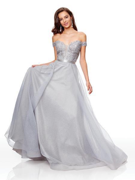 Clarisse - Lace Off-Shoulder A-Line Evening Gown 3785 In Gray