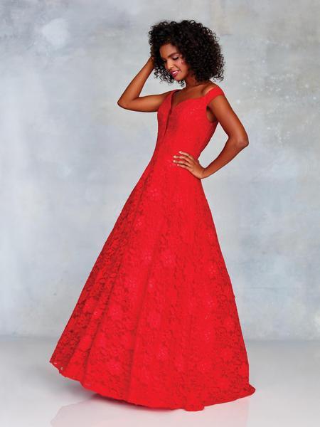 Clarisse - 3838 Off-Shoulder Lace A-Line Gown In Red